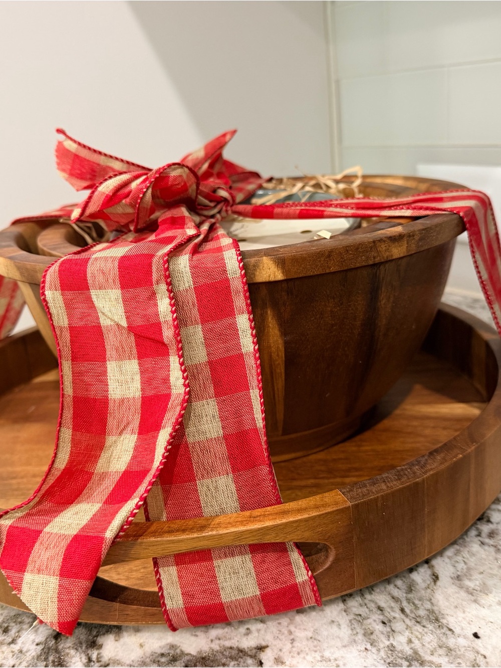Target Project 62 Acacia Wood Tray with Red and Cream Plaid Fabric Trim